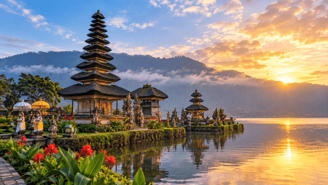 Ilustrasi wisata Bali dengan pura dan pemandangan danau