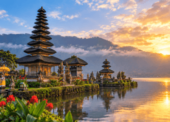 Ilustrasi wisata Bali dengan pura dan pemandangan danau