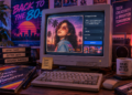 Ilustrasi pembuatan foto retro AI bergaya era 1980-an pada komputer CRT