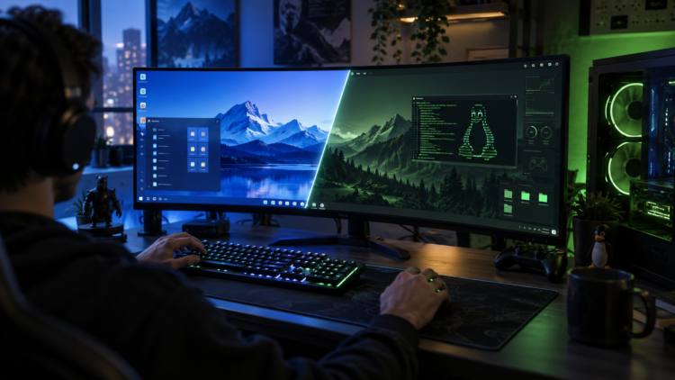 Ilustrasi PC gaming dengan pilihan sistem operasi Windows dan Linux