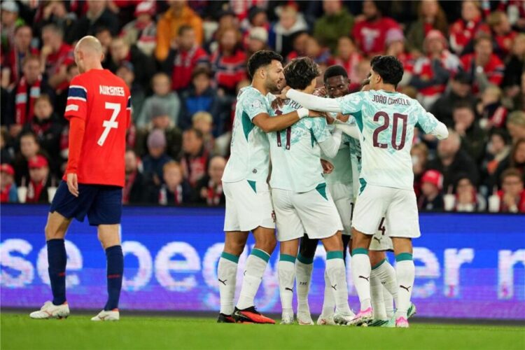 Pemain Portugal merayakan gol saat menghadapi Norwegia