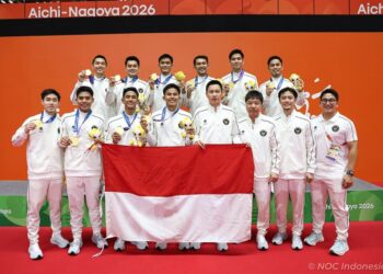 Tim beregu putra bulu tangkis Indonesia meraih medali emas Asian Games Aichi-Nagoya 2026