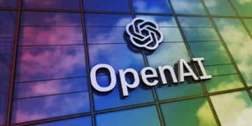 Ilustrasi logo dan tulisan OpenAI pada permukaan kaca gedung dengan pantulan warna biru, ungu, dan hijau