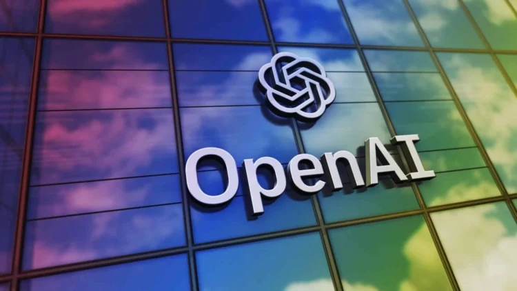 Ilustrasi logo dan tulisan OpenAI pada permukaan kaca gedung dengan pantulan warna biru, ungu, dan hijau