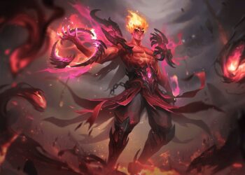 Karakter Valir dengan efek api merah dan oranye untuk ilustrasi build Valir 2026