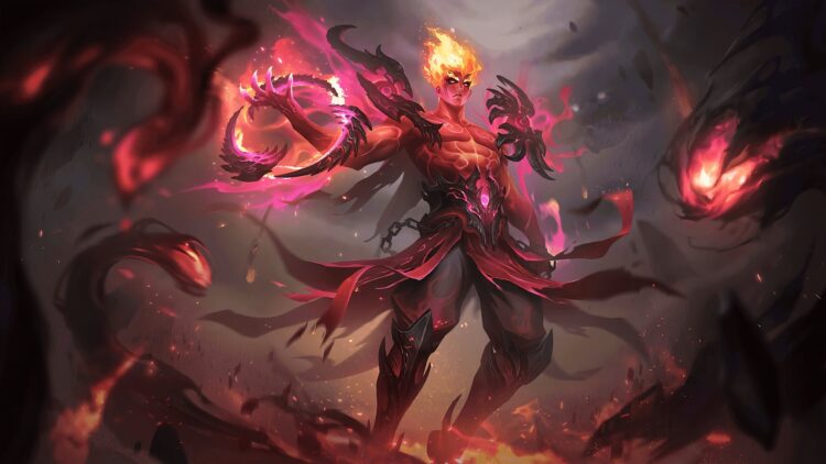 Karakter Valir dengan efek api merah dan oranye untuk ilustrasi build Valir 2026