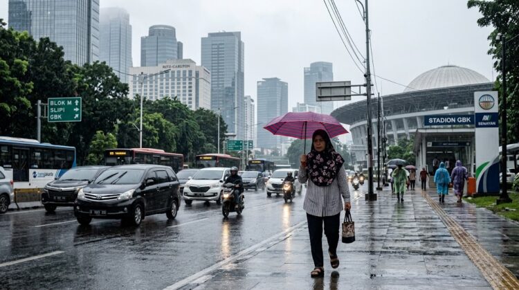 Seorang warga membawa payung saat melintas di Kawasan Senayan, Jakarta (Ilustrasi AI Bulatantimes