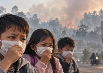 Ilustrasi anak-anak memakai masker untuk melindungi diri dari kabut asap akibat karhutla.