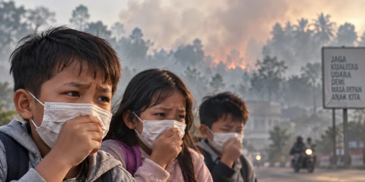 Ilustrasi anak-anak memakai masker untuk melindungi diri dari kabut asap akibat karhutla.
