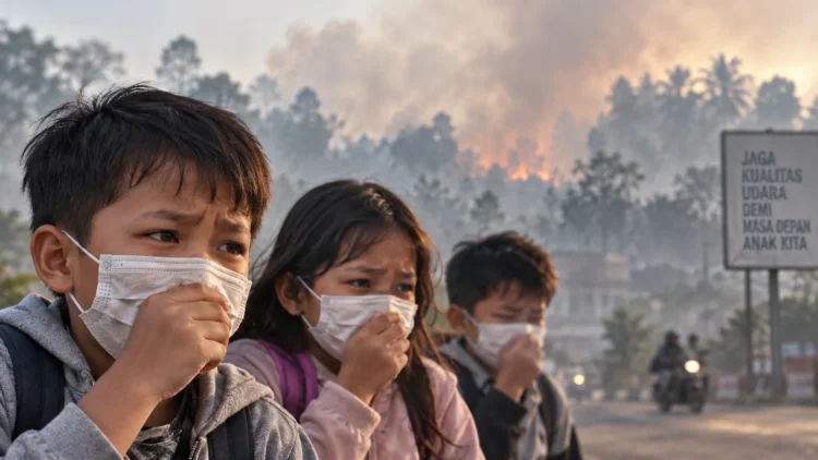 Ilustrasi anak-anak memakai masker untuk melindungi diri dari kabut asap akibat karhutla.