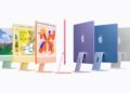 Deretan iMac dalam tujuh warna, ditampilkan dari depan, samping dan belakang