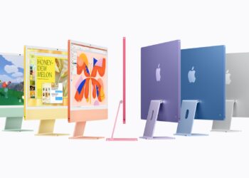 Deretan iMac dalam tujuh warna, ditampilkan dari depan, samping dan belakang
