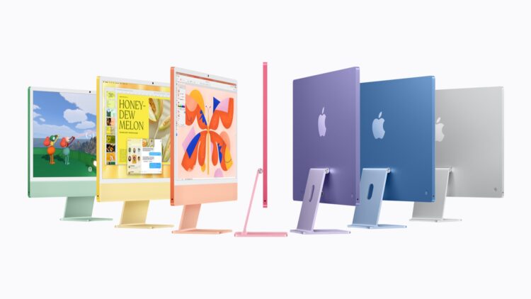 Deretan iMac dalam tujuh warna, ditampilkan dari depan, samping dan belakang