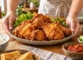 Sepiring ayam goreng tepung krispi berwarna keemasan disajikan di meja bersama nasi dan sambal
