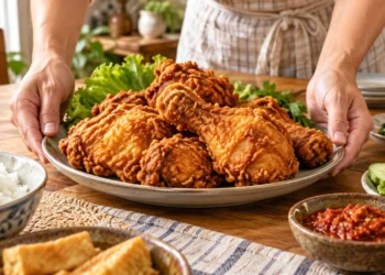 Sepiring ayam goreng tepung krispi berwarna keemasan disajikan di meja bersama nasi dan sambal