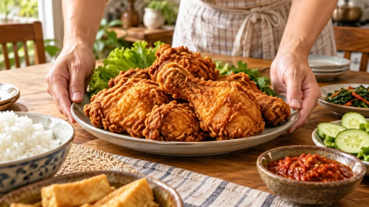 Sepiring ayam goreng tepung krispi berwarna keemasan disajikan di meja bersama nasi dan sambal