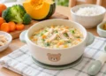 Semangkuk bubur bayi dengan suwiran ayam, wortel dan brokoli di atas meja makan