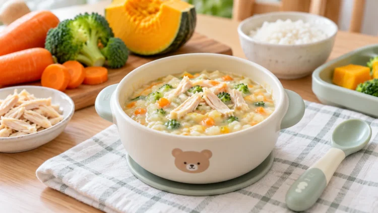 Semangkuk bubur bayi dengan suwiran ayam, wortel dan brokoli di atas meja makan