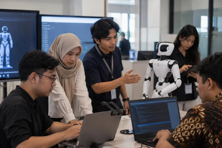 Ilustrasi beberapa pekerja menggunakan laptop dan berdiskusi dengan robot putih di sebuah ruang pengembangan teknologi