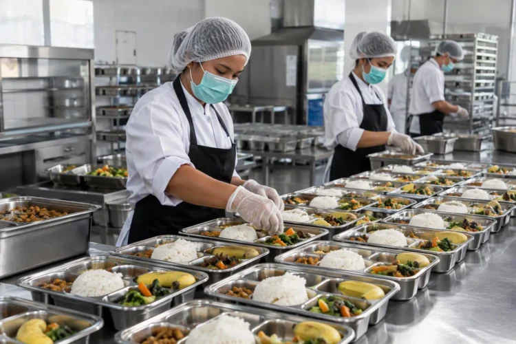 Ilustrasi petugas dapur mengenakan perlengkapan kebersihan menyiapkan porsi makanan di wadah logam