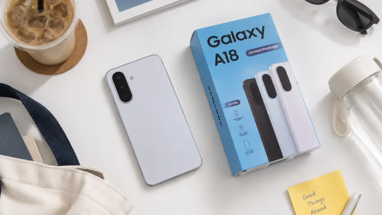 Samsung Galaxy A18 berwarna perak di samping kotak kemasan berwarna biru bertuliskan Galaxy A18, ditata di atas meja putih
