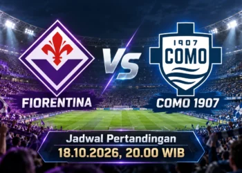 Ilustrasi digital logo Fiorentina dan Como 1907 berlatar stadion malam, dengan jadwal 18 Oktober 2026 pukul 20.00 WIB