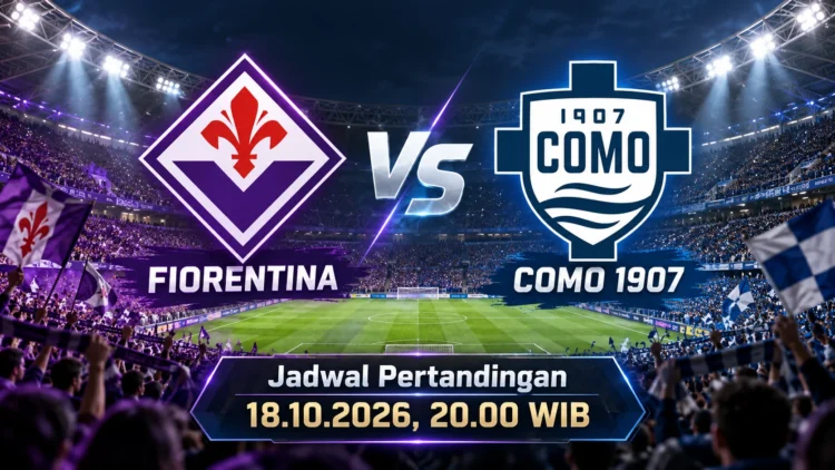 Ilustrasi digital logo Fiorentina dan Como 1907 berlatar stadion malam, dengan jadwal 18 Oktober 2026 pukul 20.00 WIB