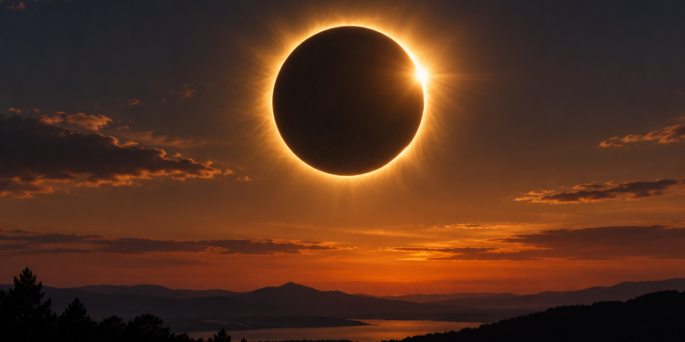 Ilustrasi gerhana Matahari total di langit saat senja, dengan piringan Matahari tertutup Bulan
