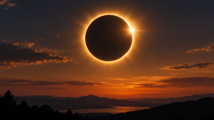 Ilustrasi gerhana Matahari total di langit saat senja, dengan piringan Matahari tertutup Bulan