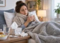 Perempuan beristirahat di tempat tidur sambil memegang cangkir minuman hangat, dengan tisu dan termometer di meja samping