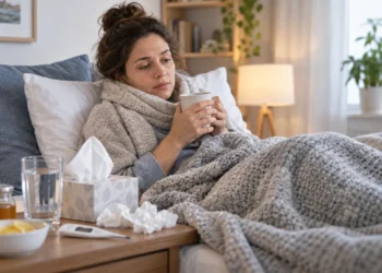 Perempuan beristirahat di tempat tidur sambil memegang cangkir minuman hangat, dengan tisu dan termometer di meja samping