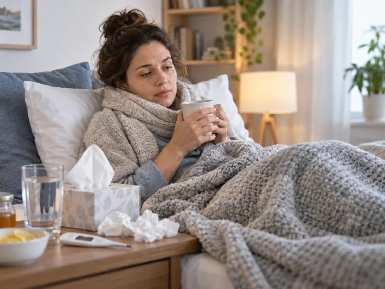Perempuan beristirahat di tempat tidur sambil memegang cangkir minuman hangat, dengan tisu dan termometer di meja samping