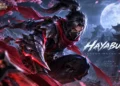 Artwork Hayabusa Mobile Legends dengan kostum ninja hitam, pedang tajam, dan efek energi merah.