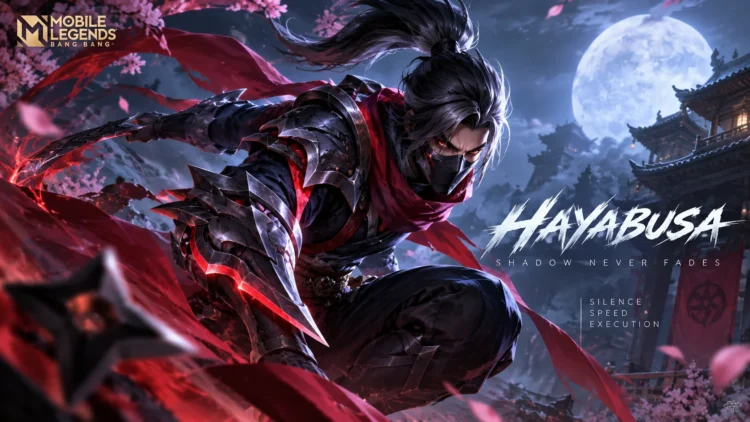 Artwork Hayabusa Mobile Legends dengan kostum ninja hitam, pedang tajam, dan efek energi merah.
