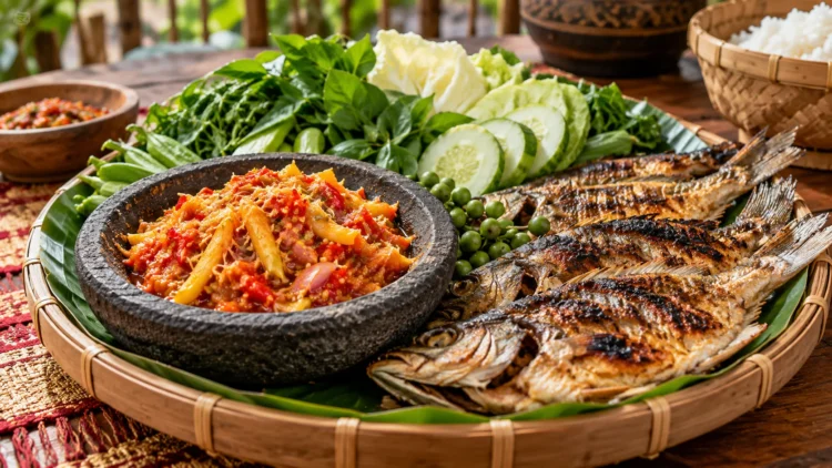 Ilustrasi ikan bakar disajikan bersama sambal seruit merah, lalapan, dan nasi dalam tampah