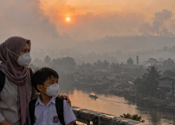 Ilustrasi seorang ibu berhijab dan anak berseragam sekolah mengenakan masker di depan permukiman yang tertutup kabut asap