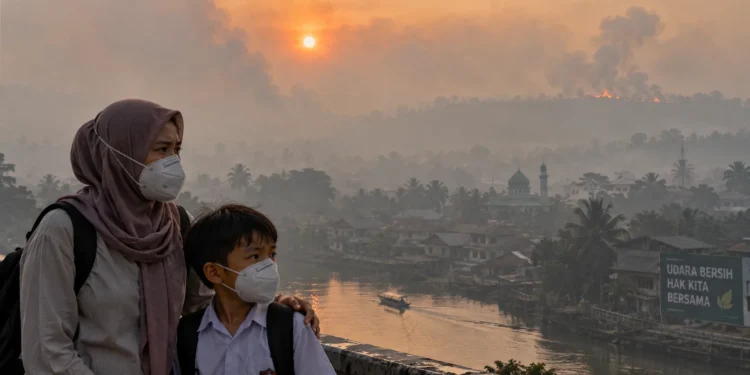 Ilustrasi seorang ibu berhijab dan anak berseragam sekolah mengenakan masker di depan permukiman yang tertutup kabut asap