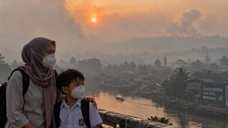 Ilustrasi seorang ibu berhijab dan anak berseragam sekolah mengenakan masker di depan permukiman yang tertutup kabut asap