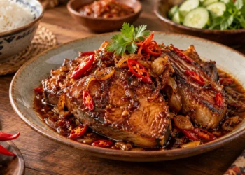 Ikan tuna pedas manis dengan kecap, disajikan bersama irisan cabai merah dan bawang bombai.