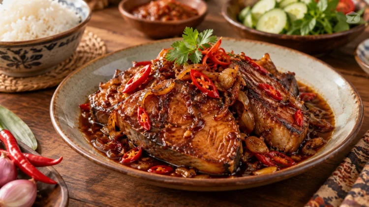 Ikan tuna pedas manis dengan kecap, disajikan bersama irisan cabai merah dan bawang bombai.