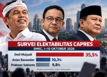 Ilustrasi infografis survei SMRC 1–10 Oktober 2026 yang menampilkan Dedi Mulyadi 35,5 persen, Anies Baswedan 10,3 persen, dan Prabowo Subianto 9,8 persen