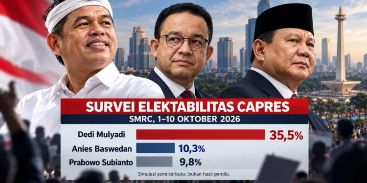 Ilustrasi infografis survei SMRC 1–10 Oktober 2026 yang menampilkan Dedi Mulyadi 35,5 persen, Anies Baswedan 10,3 persen, dan Prabowo Subianto 9,8 persen