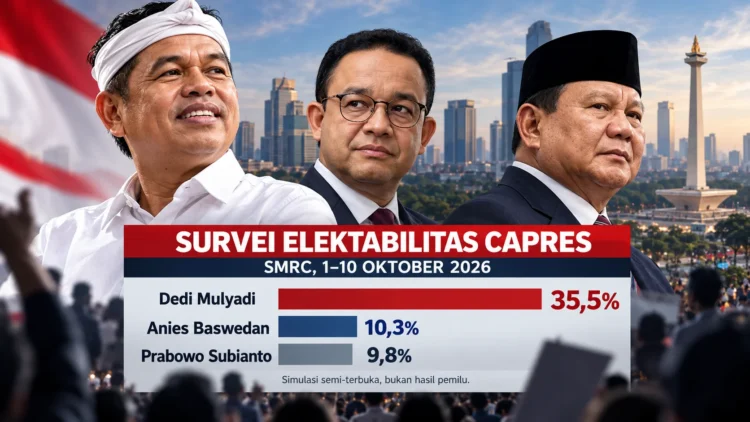 Ilustrasi infografis survei SMRC 1–10 Oktober 2026 yang menampilkan Dedi Mulyadi 35,5 persen, Anies Baswedan 10,3 persen, dan Prabowo Subianto 9,8 persen