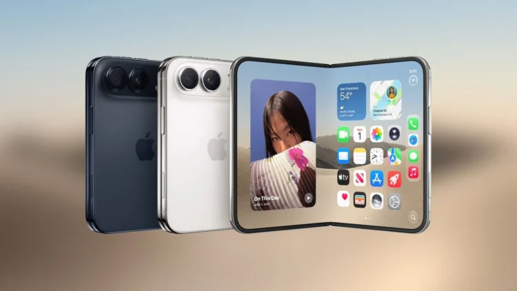 iPhone Duo berwarna biru gelap dan putih ditampilkan dari belakang, disamping perangkat yang dibuka memperlihatkan layar utama dan ikon aplikasi