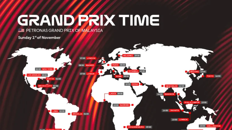 Grafis jadwal MotoGP Malaysia 2026 yang menunjukkan pukul 14.00 di Jakarta dan pukul 15.00 di Kuala Lumpur