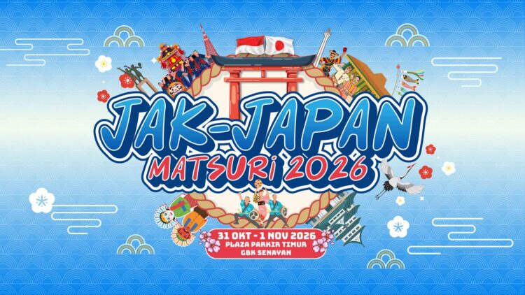 Poster Jak-Japan Matsuri 2026 berlatar biru dengan ilustrasi budaya Indonesia dan Jepang serta tanggal 31 Oktober sampai 1 November 2026 di GBK Senayan