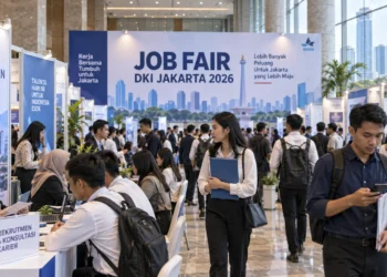 Ilustrasi suasana bursa kerja di dalam gedung dengan pengunjung, stan rekrutmen, dan papan bertuliskan Job Fair DKI Jakarta 2026