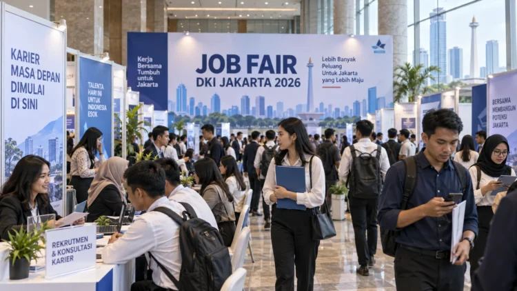 Ilustrasi suasana bursa kerja di dalam gedung dengan pengunjung, stan rekrutmen, dan papan bertuliskan Job Fair DKI Jakarta 2026