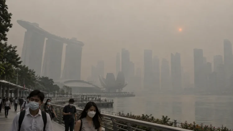 Ilustrasi warga bermasker di tepi Marina Bay dengan gedung-gedung Singapura tampak tertutup kabut tebal