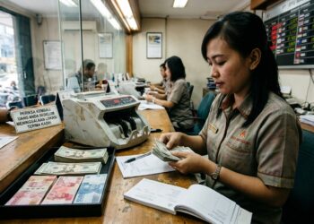 Karyawan menghitung uang pecahan dolar Amerika Serikat (AS) dan rupiah di gerai penukaran mata uang asing (AI Bulatan times)